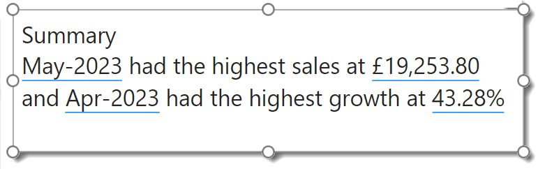 Custom smart narrative detailing which month had the highest sales and growth