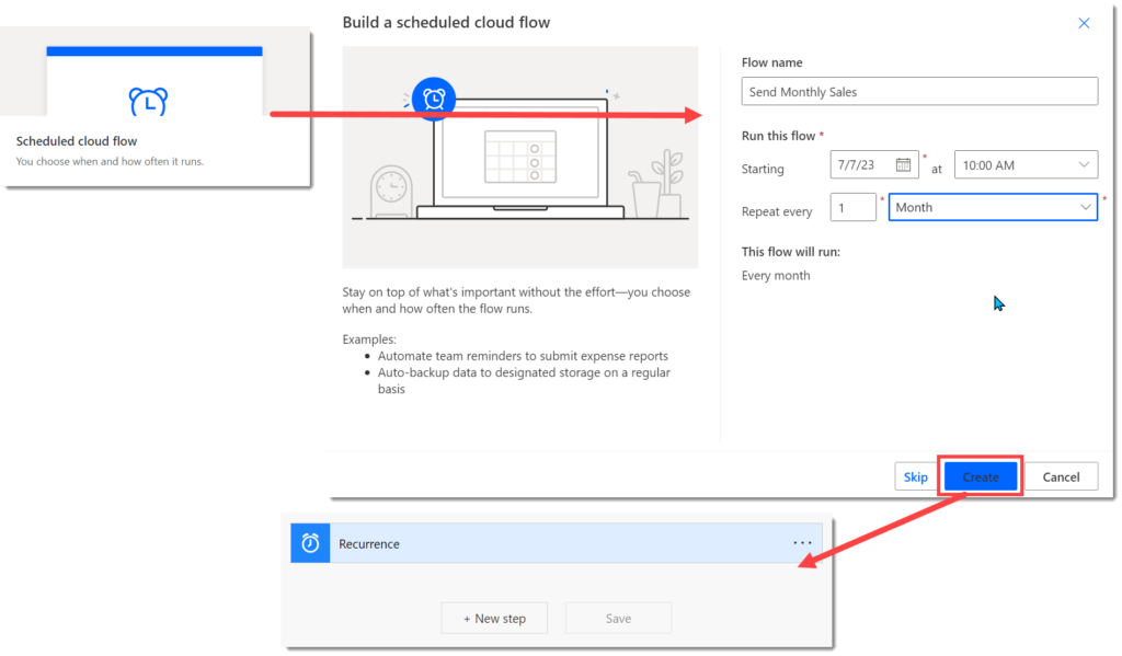 Screen grabs showing the Scheduled cloud flow tile and then the first dialog to enter in the flow name and then select repeat monthly. Finally a screen grab of the flow with the recurrence trigger.