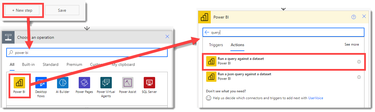 Screen grabs showing the search for Power BI and then searching for query in the Power BI actions.