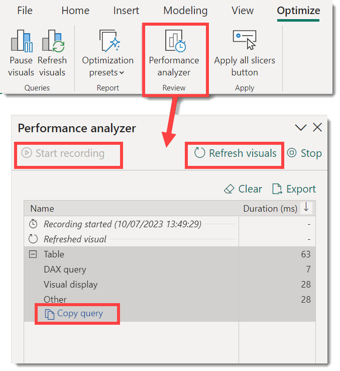 Toolbar showing the Perfomance Analyser on the ribbon and then the pane that appears