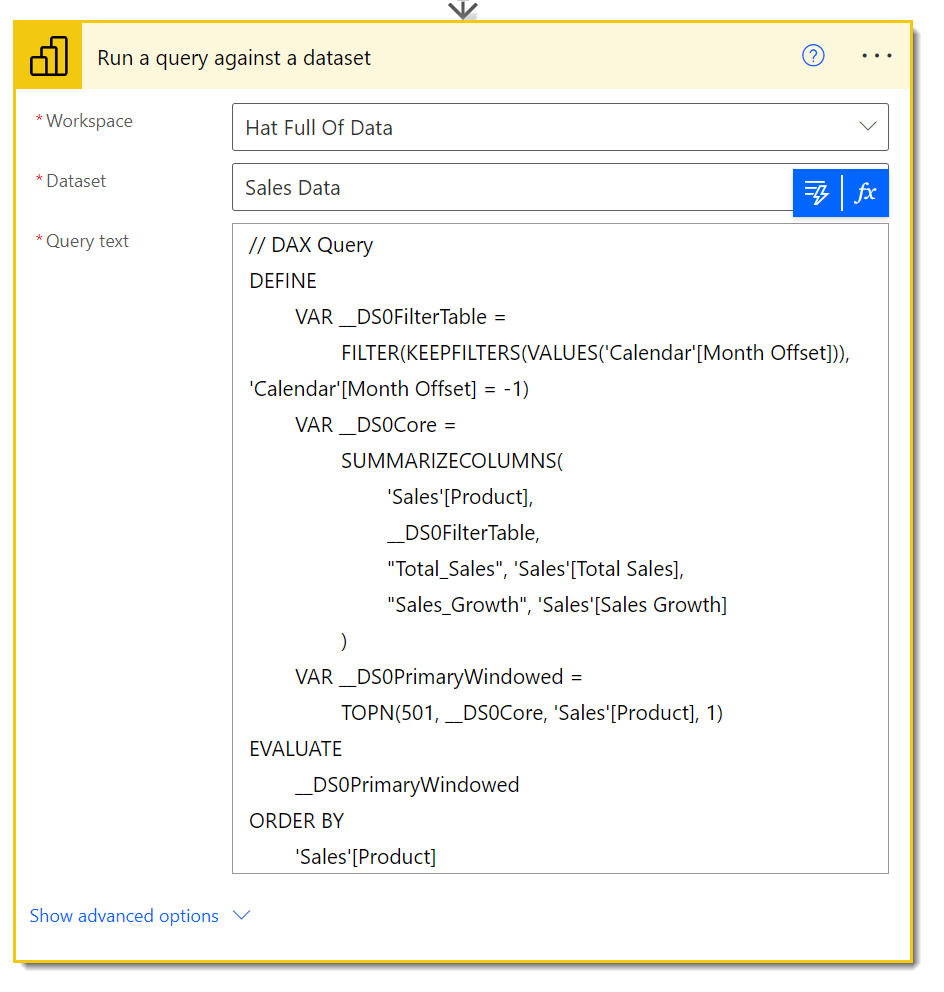 Power Automate step with the query pasted to get data from a Power BI dataset