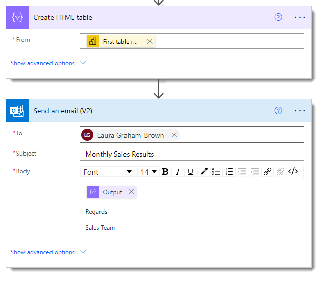 2 steps in Power Automate to create html table and then send the email.