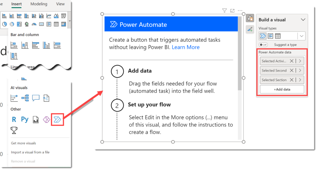 Screen shots showing adding the Power Automate button to the report from the drop down on the Insert ribbon