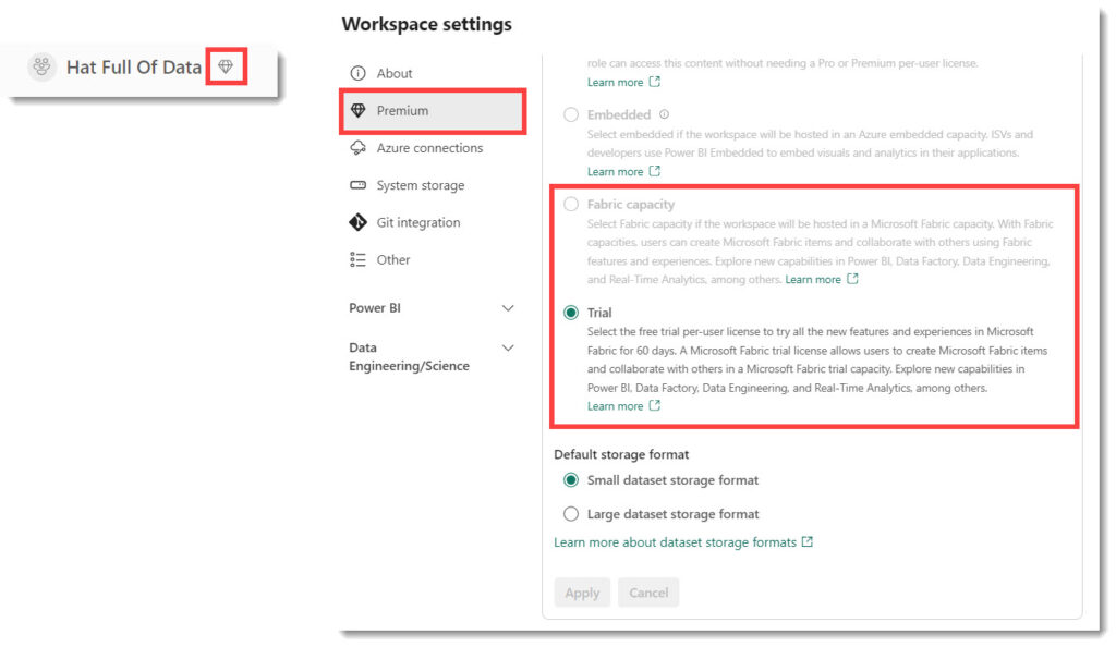 Workspace title with a jewel logo and a screen shot of the premium workspace settings highlighting Fabric and Trial capacity options