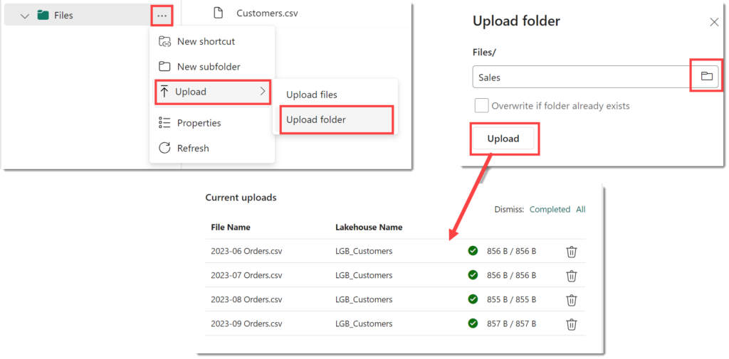 Screen grans showing the path from select upload folder to a list successful uploads