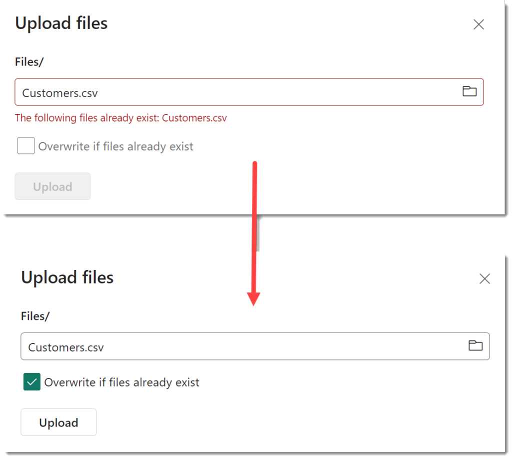 2 screen grabs of the Upload files pane. The first showing an error message of the following files already exist and the Upload button disabled. Second one with the Overwrite if files exist box ticked and the Upload button enbaled. 