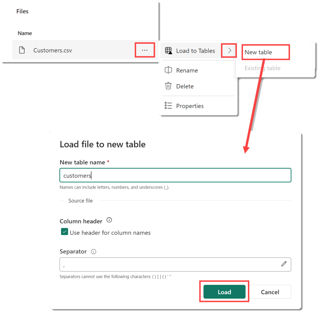 Screen grabs showing the filename with 3 dot menu highlighted and the popup menu and below that the Load file to new table dialog box