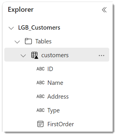 Explorer pane showing the customers table expanded to show the column names and types