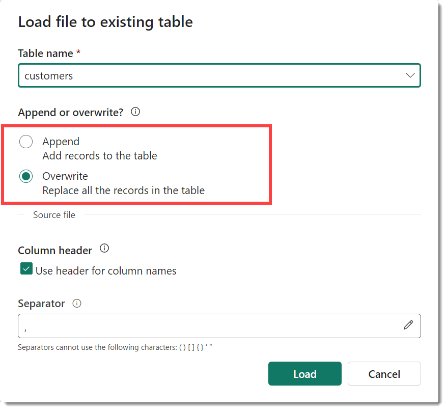 Load file to existing table dialog with the radio buttons to Append or Overwrite highlighted.