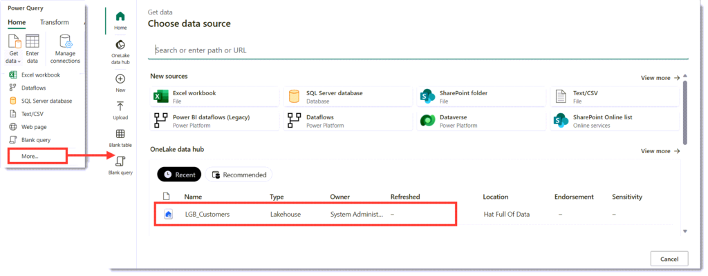 Screen grab of the menu on Get Data and the Choose data source dialog.