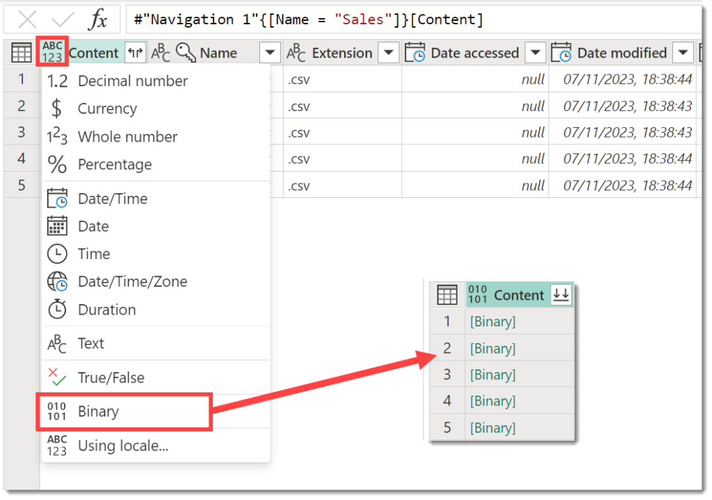 Content column data type selection with binary highlighted and the final result of Content column full of Binary objects.