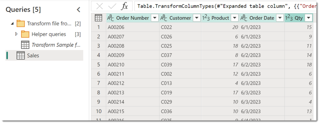 Screen grab of the Queries pane with the helper queries and the Sales query and the data