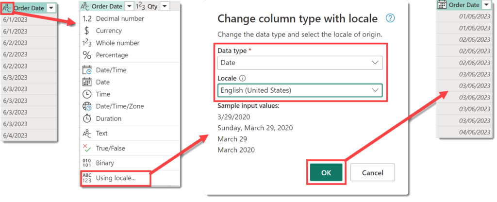 Screen grabs showing the path from a column of dates as a string to dates in date format