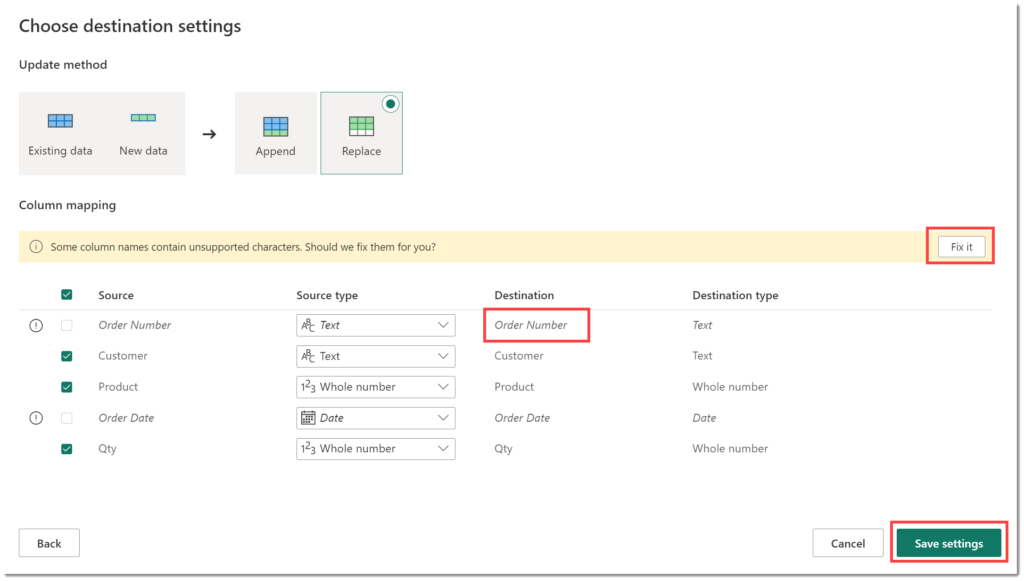 Choose destination settings last step showing options for Update method with Replace selectes