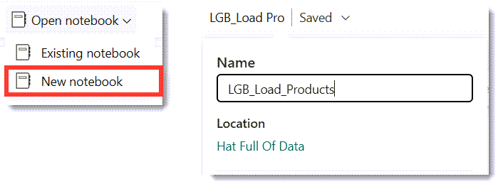 The Open notebook menu showing New notebook and the drop down from the notebook name to rename the notebook.