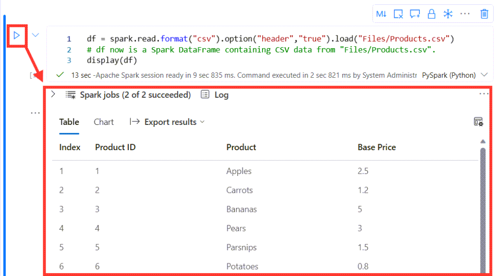 Screen shot showing the code block with the run arrow on the left hand side and showing the results