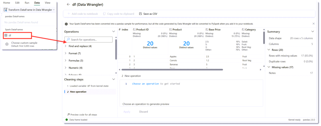 Data ribbon showing how to select the dataframe and a screen grab of the Data Wrangler