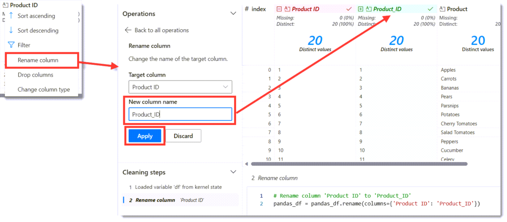 Showing how to change column names in Data Wrangler.