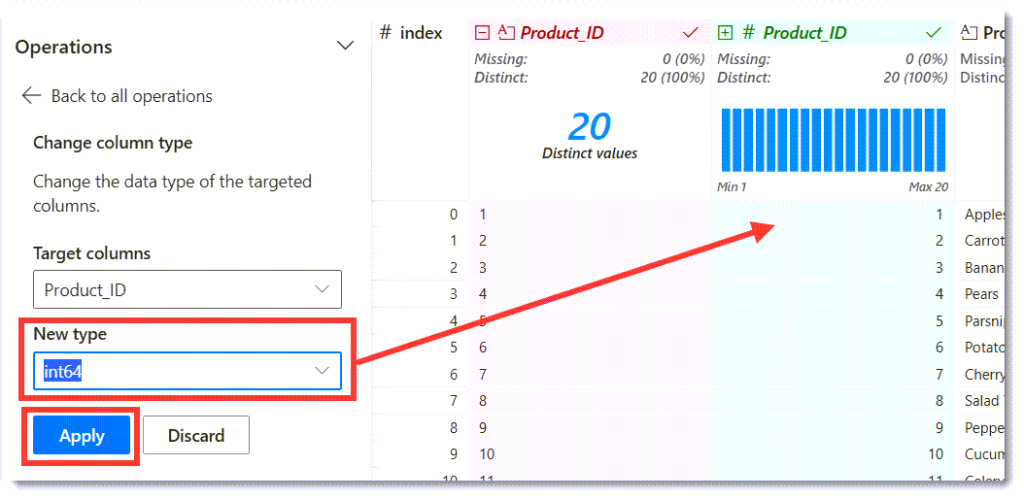 Screen grab showing the change column type options.