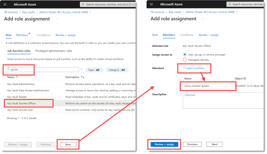 Adding members to the azure key vault role assignments