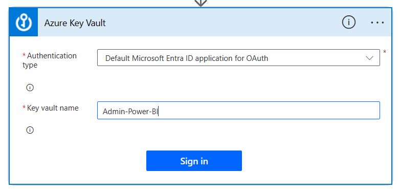 Azure Key Vault connection setup showing Authentication Type drop down which can be left on default and place to type in Key Vault name