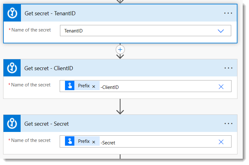 three actions to fetch secrets from key vault