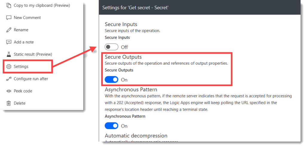 Menu showing settings and settings with toggle for Secure Outputs turned on