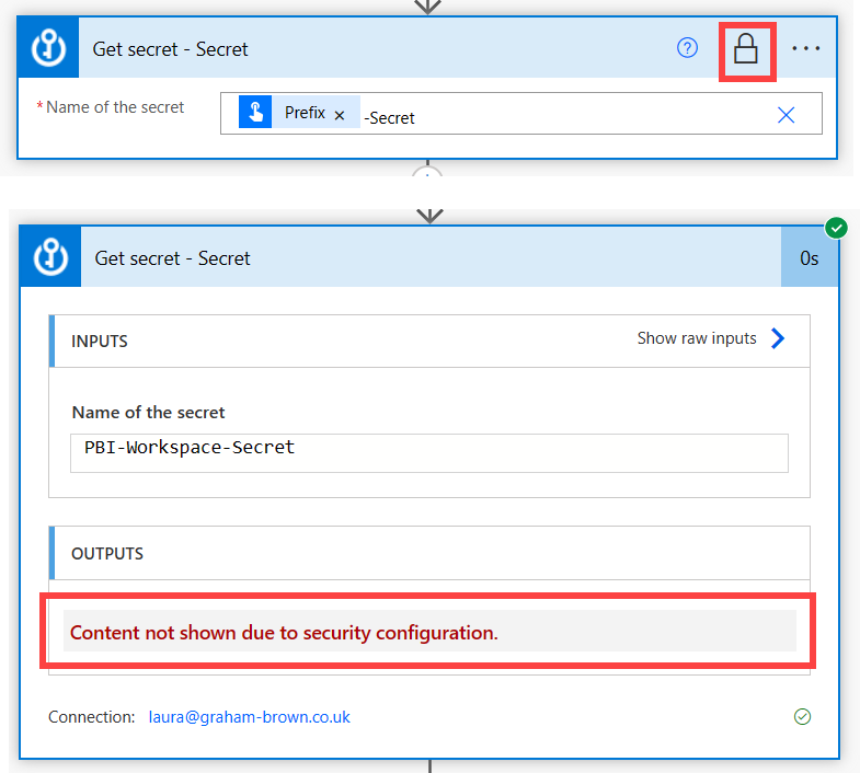 Action with a padlock and the executed action showing Content not shown due to security configuration