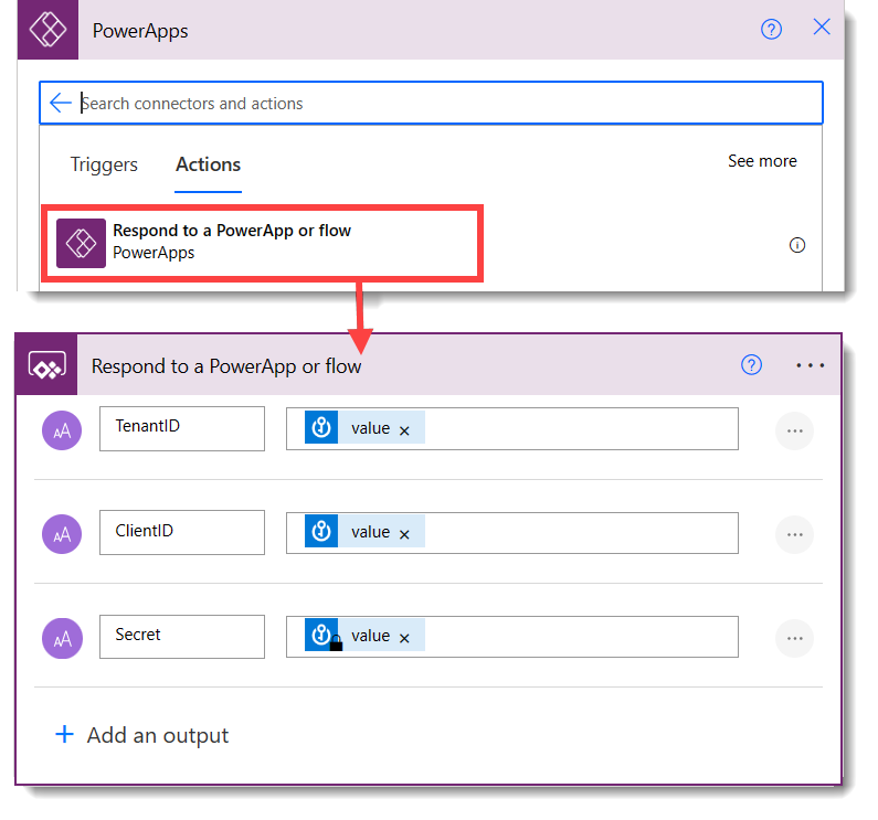 Power Apps connection showing Respond action and the action in the flow with three outputs