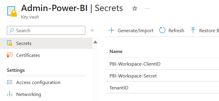 List of Secrets ib Azure Key Vault with names PBI-Workspace-ClientID and PBI-Workspace-Secret