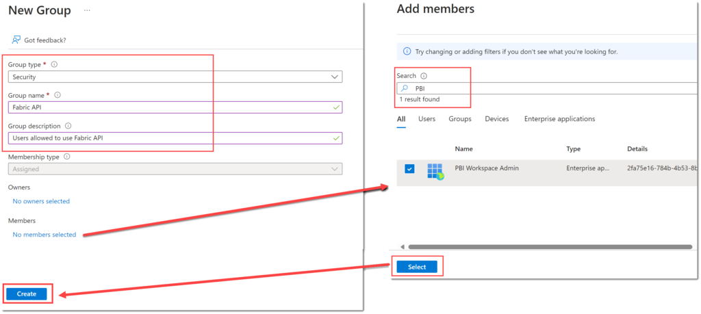 Showing the details of creating a group and adding the service principal to the group.