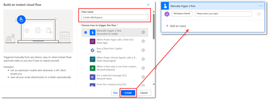 Build an instant cloud flow and then the trigger expanded to show the Workspace name input