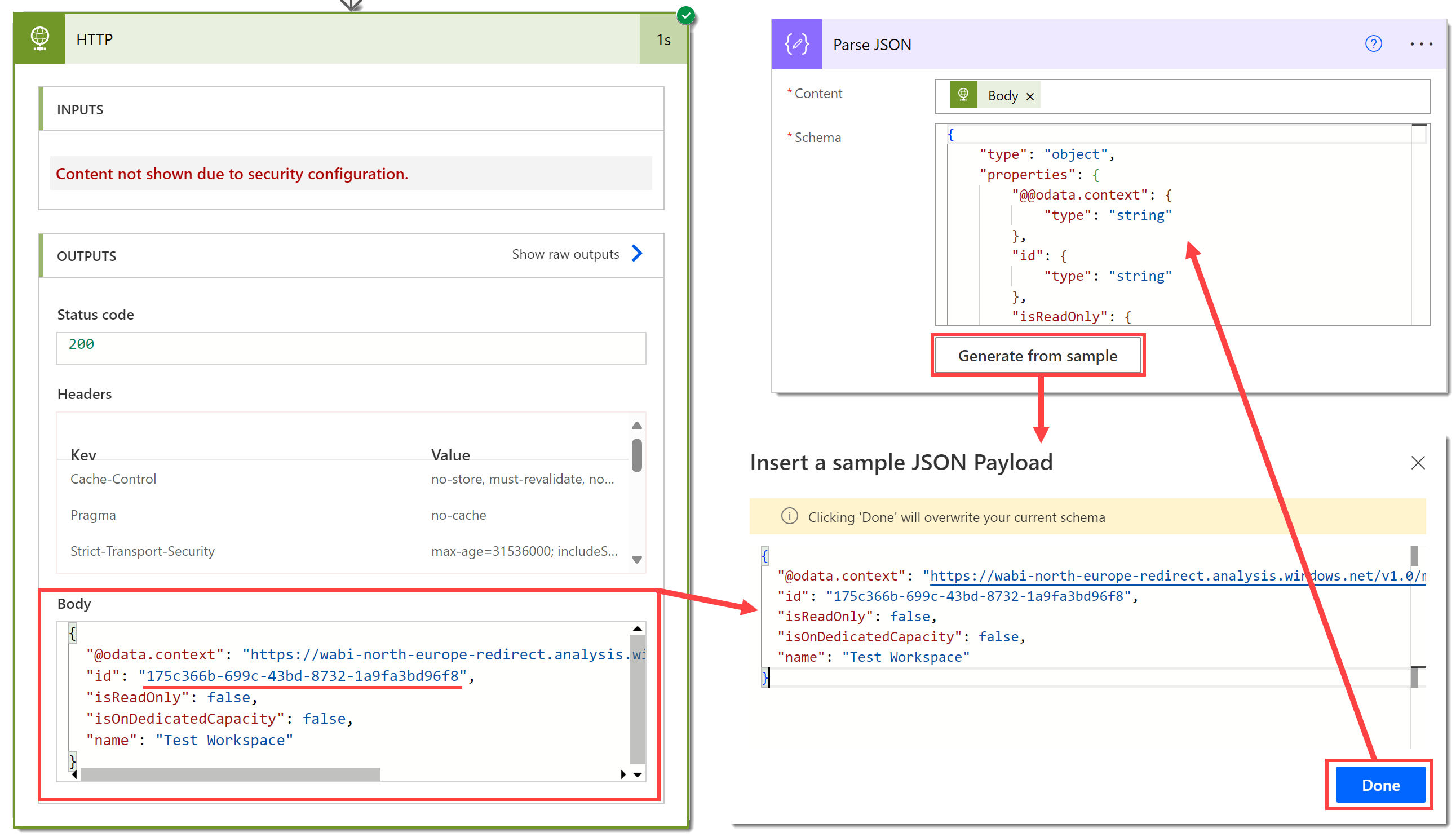 Showing the successful HTTP step with output body, and the Parse JSON action with the generate from sample button hghlighted