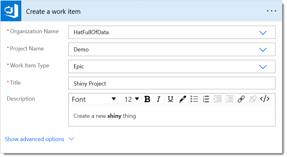 Create a work item action dialog