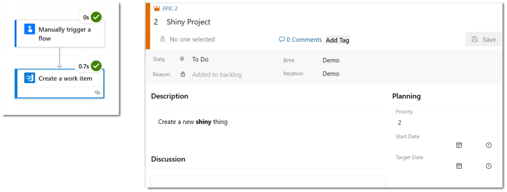 Flow with green ticks showing it completed and a screen grab of the Epic work item created by the flow.