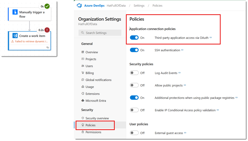 Flow run showing the failure and then a screen grab of Organisation settings of Policies with Third-party application access via OAuth highlighted to allow connecting Power Automate to DevOps