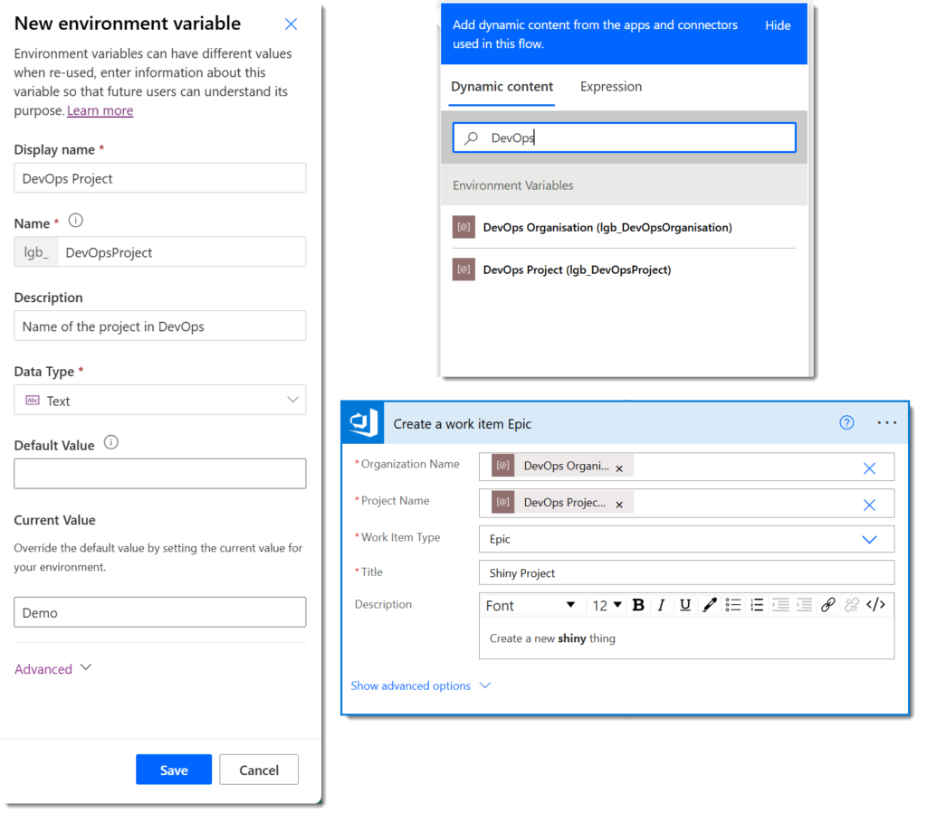 Screen grab of creating the environment variable, what it looks like in the dynamic content and finally using the environment variables for connecting Power Automate to DevOps