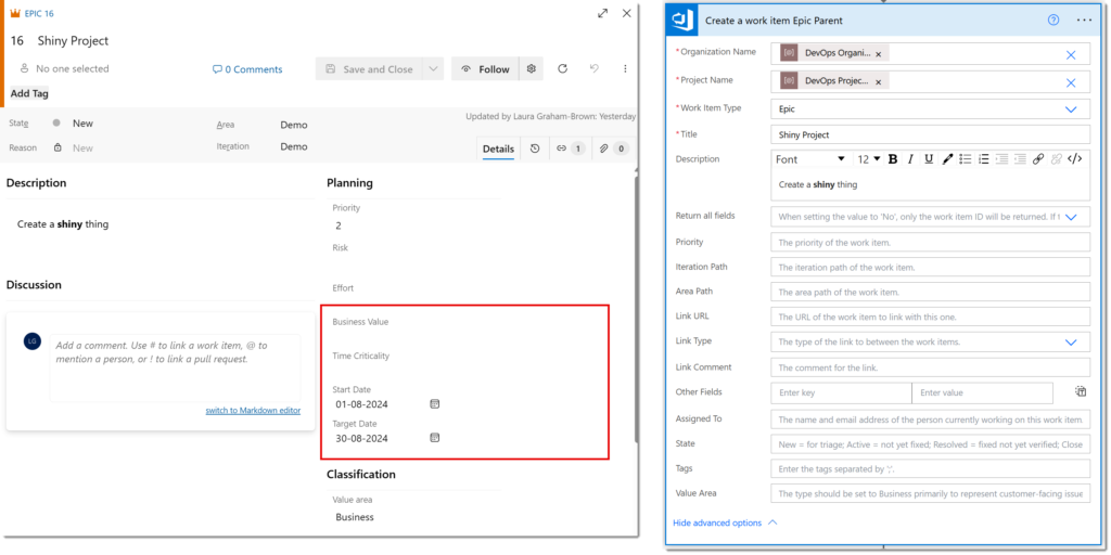 Screen grabs of an Epic work item in DevOps and the DevOps Create a work item Power Automate action