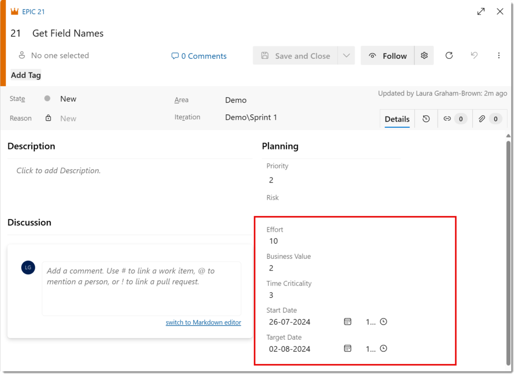 DevOps Epic work item with fields populated