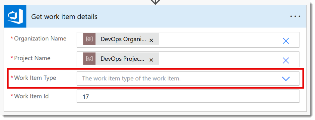 Get Work item details action showing the 4 required parameters with Work Item Type highlighted