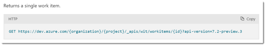 screenshot of the HTTP statement in the API documentation. Code is below