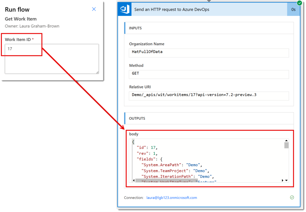 The Rn flow requesting Work Item ID and the result action showing the body contains a JSON statement