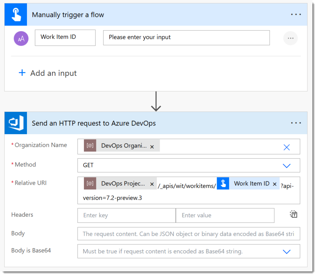 Manual trigger in a flow with a Work Item ID as a parameter followed by an action of Send an HTTP request to Azure DevOps