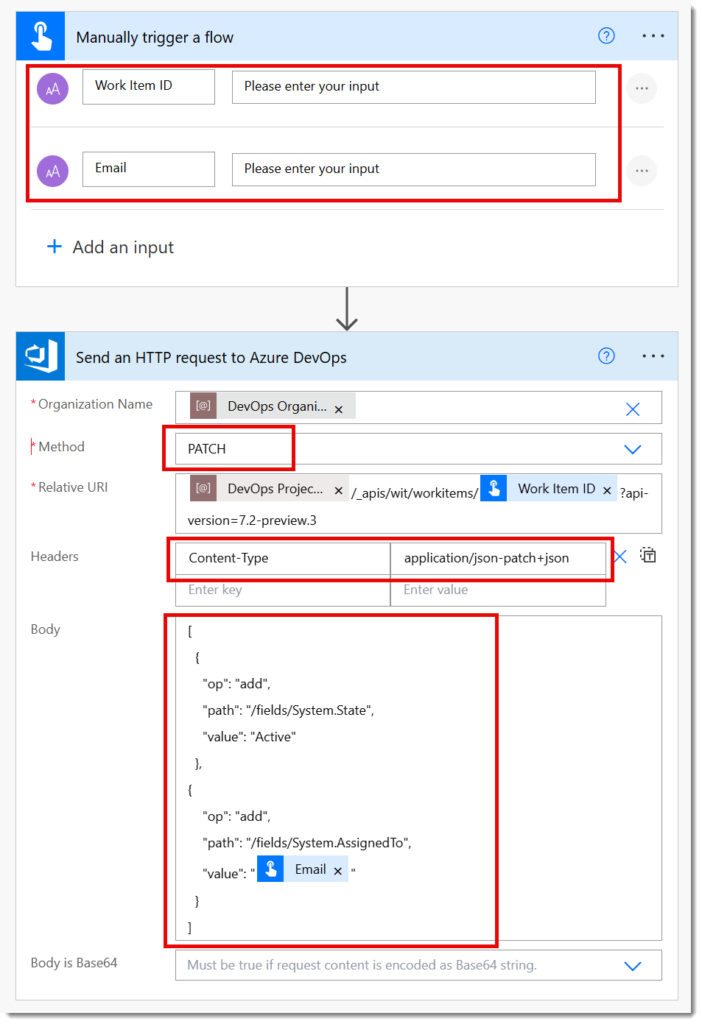 A flow with a Manual trigger showing 2 parameters Work Item ID and Email. An action of Send a HTTP request to Azure DevOps using a path method and updating the State and AssignedTo fields.