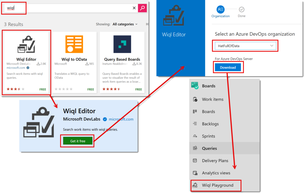 Screen grab of the market place showing the results of searching for wiql and then the header of the Wiql editor page showing the Get it free button. Then the select an organisation page with a download button and finally the Boards side menu showing Wiql Playground listed