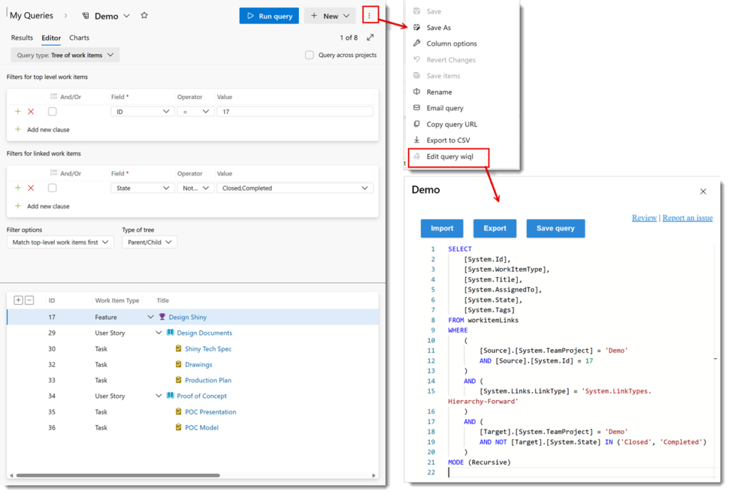 Showing how to get to the wiql of a query in DevOps