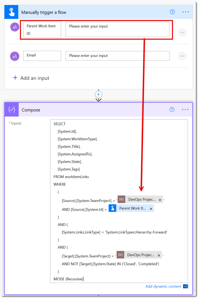 Screen shot of the flow with a manual trigger with a Parent Work Item ID as a parameter. Then a compose action with the Wiql code with the Project name environment variable and the Parent Work Item ID in the code