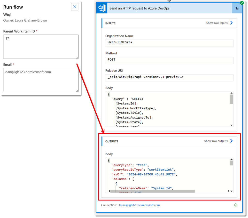 The Run flow dialog with the 2 parameters populated and then the HTTP action successfully run showing the JSON Output of the wiql query