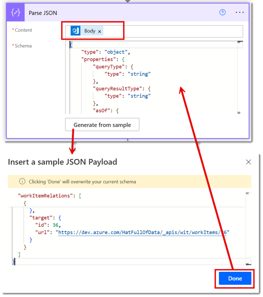 A parse json action showing the content and how to generate the schema