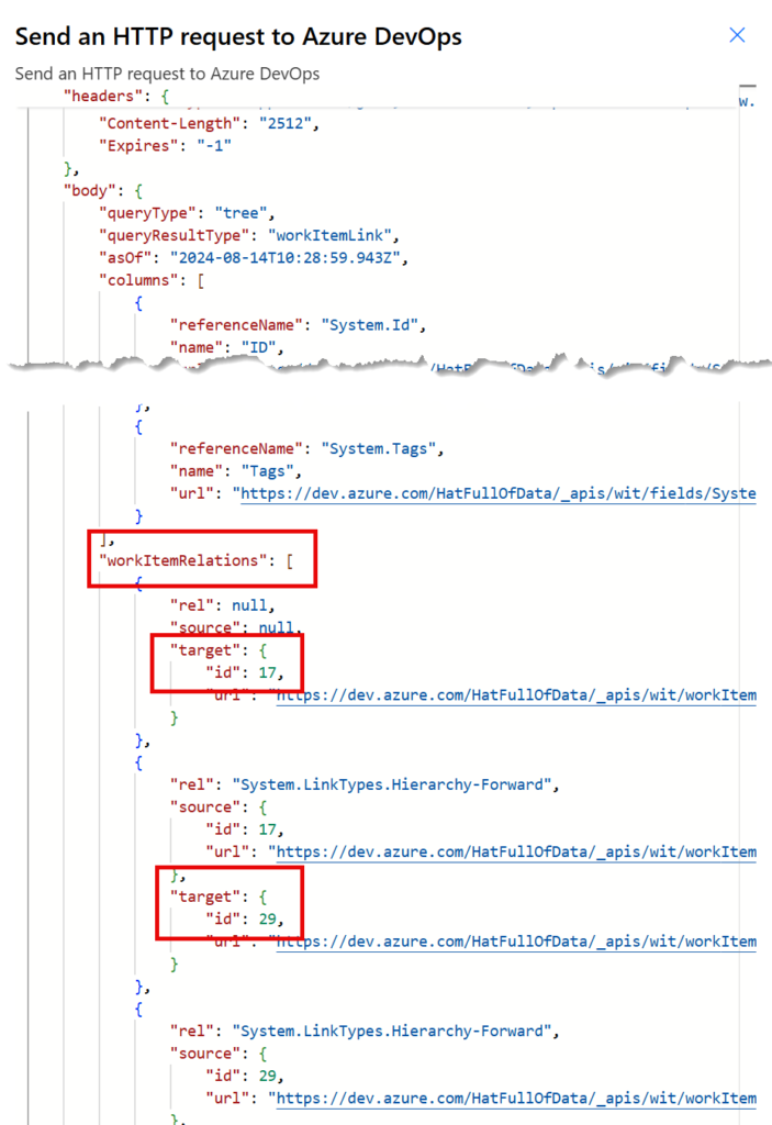 The output code with workItemRelations and Target with Id highlighted